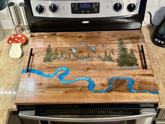 Epoxy Mountain River Walnut Stove Top Cover: Kitchen Noodle Board