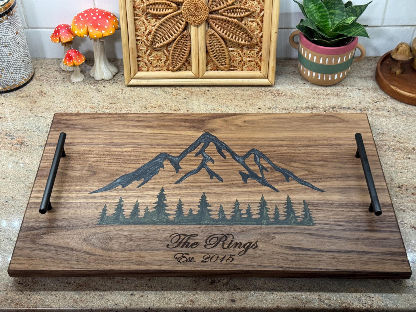 Epoxy Serving Board with Handles: Mountain Forest