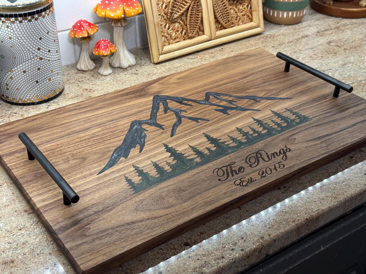 Epoxy Serving Board with Handles: Mountain Forest