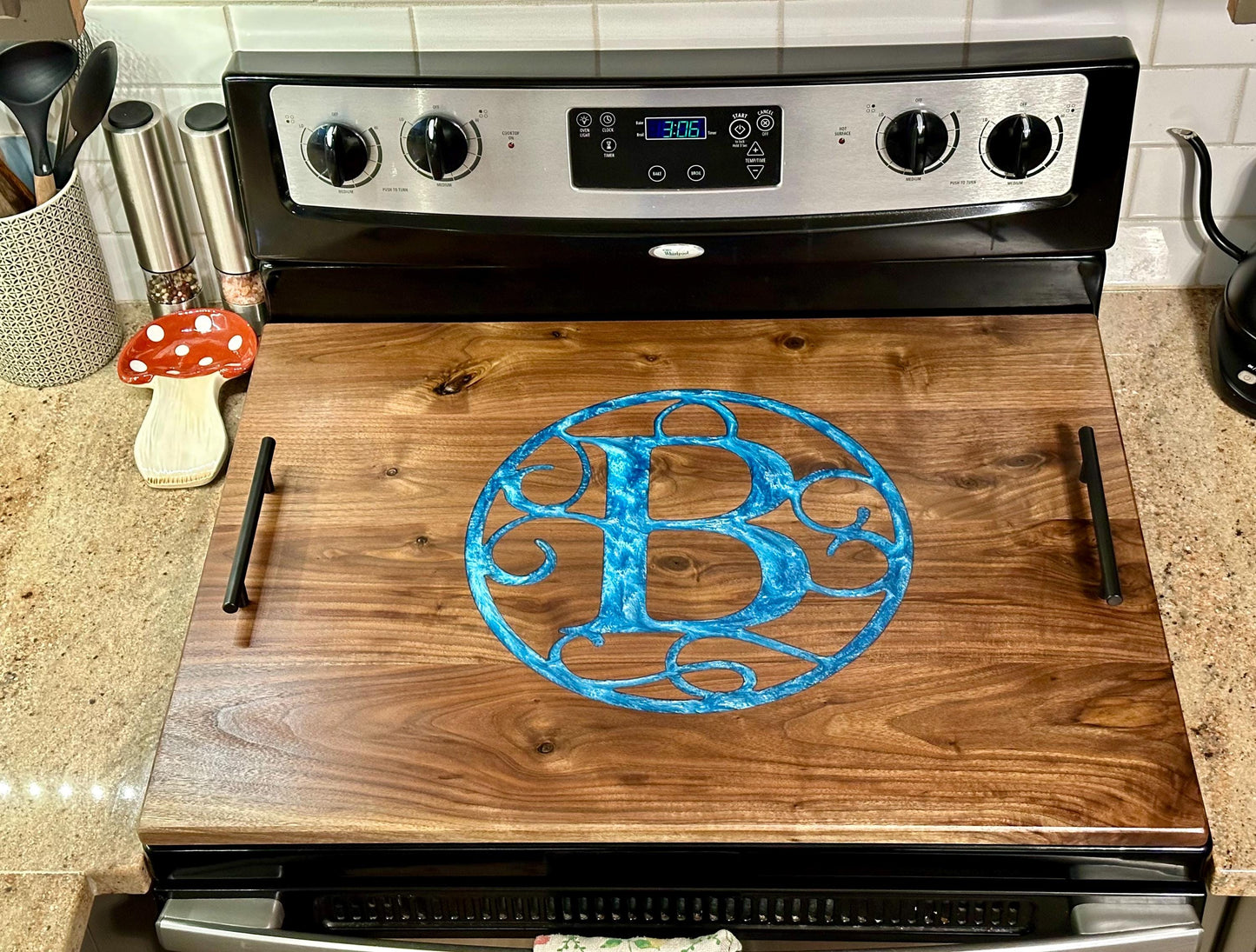 Custom Walnut Stove Top Cover: Personalized Serving Board