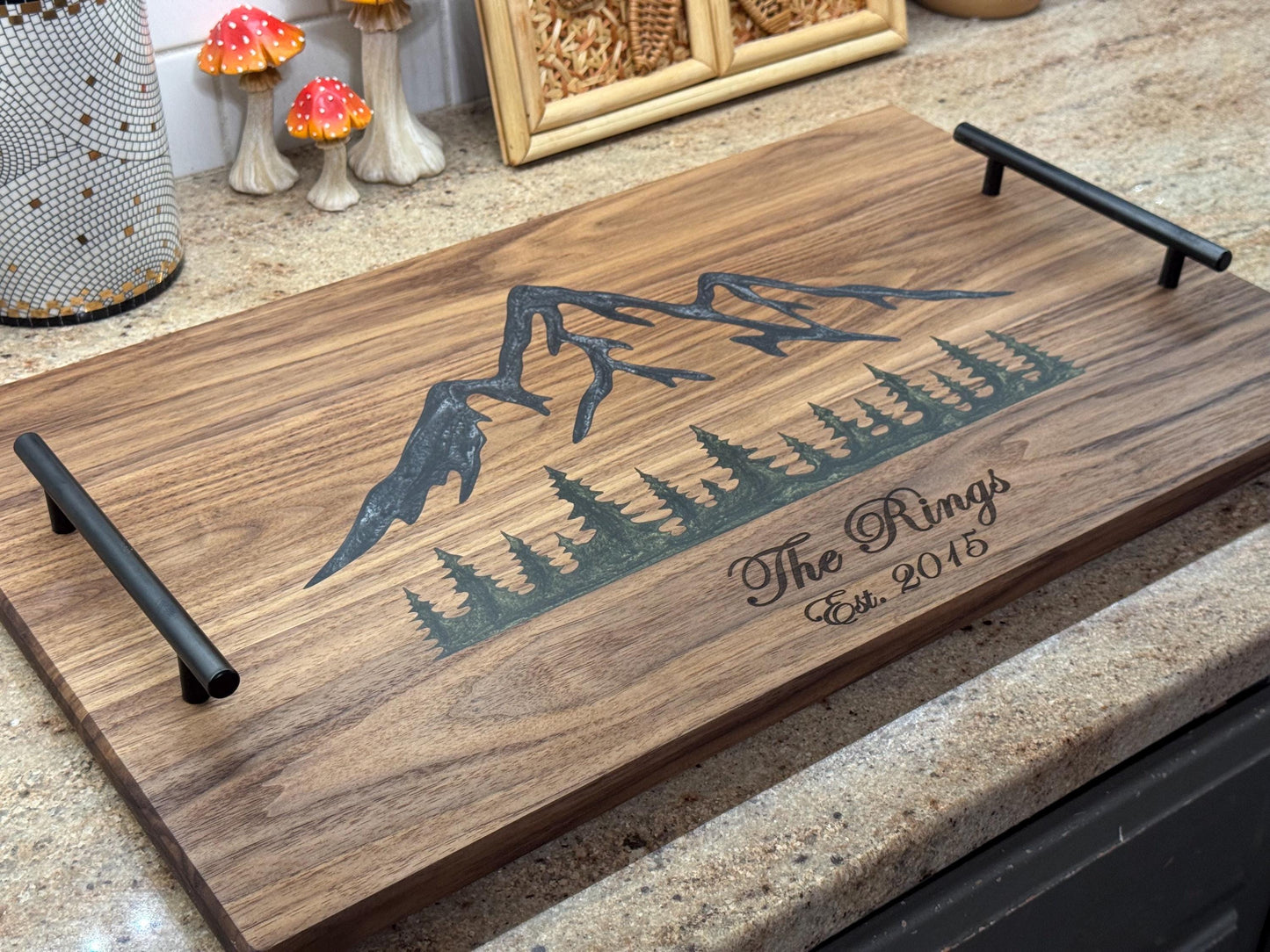 Epoxy Serving Board with Handles: Mountain Forest