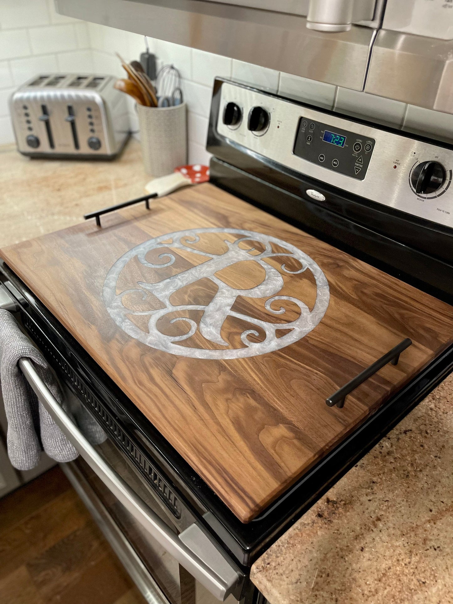 Custom Walnut Stove Top Cover: Personalized Serving Board