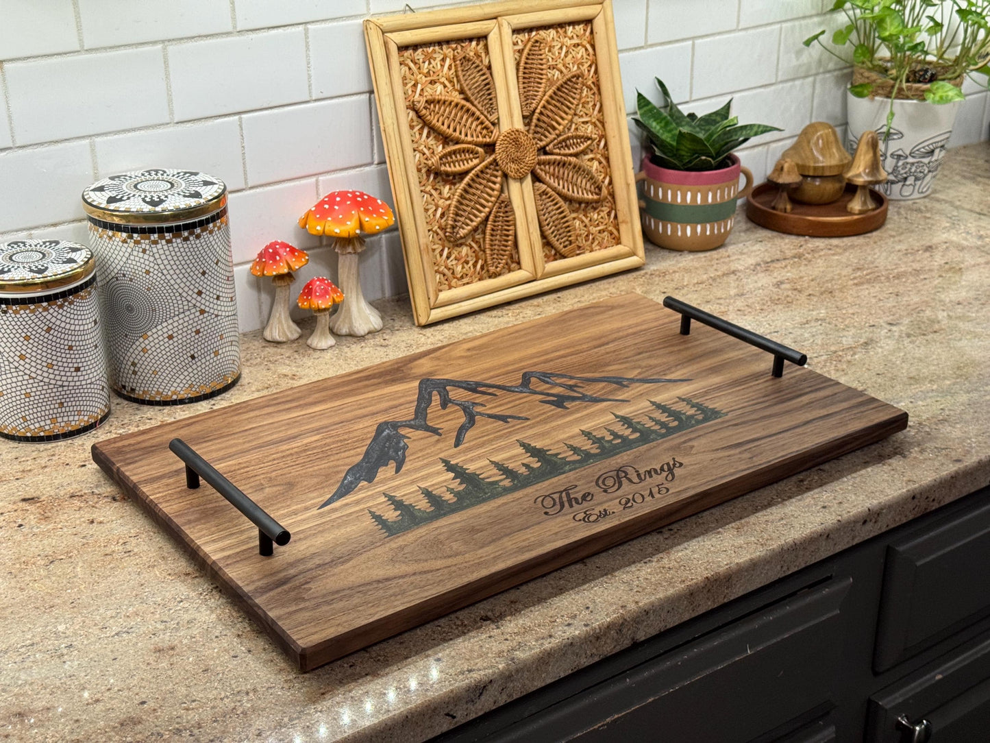 Epoxy Serving Board with Handles: Mountain Forest