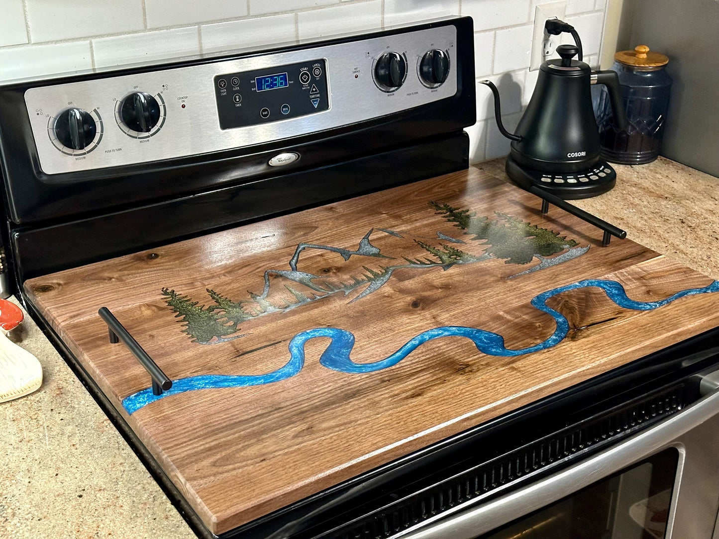 Epoxy Mountain River Walnut Stove Top Cover: Kitchen Noodle Board