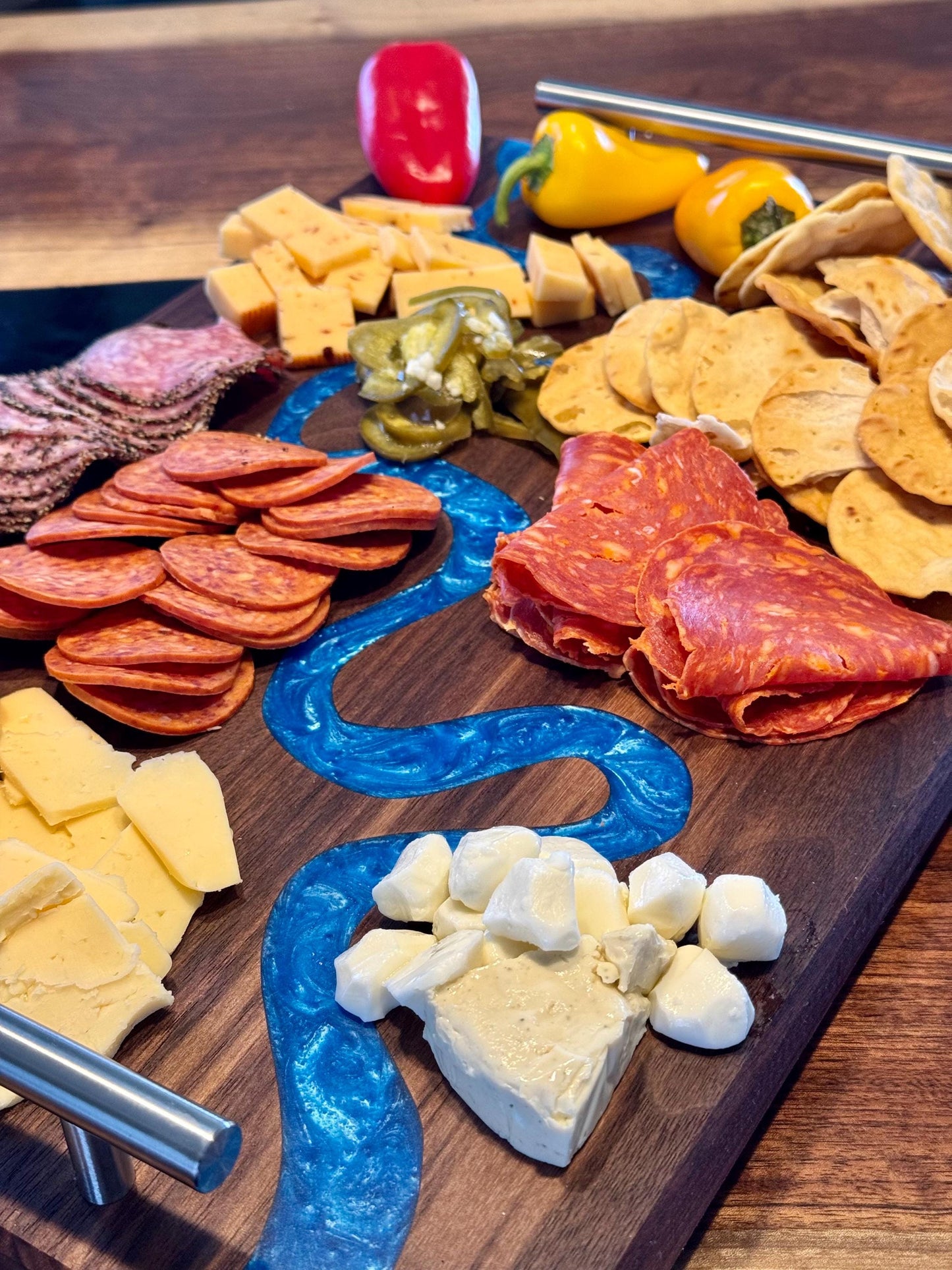 Personalized Walnut Epoxy Charcuterie Board with Handles, River Serving Board