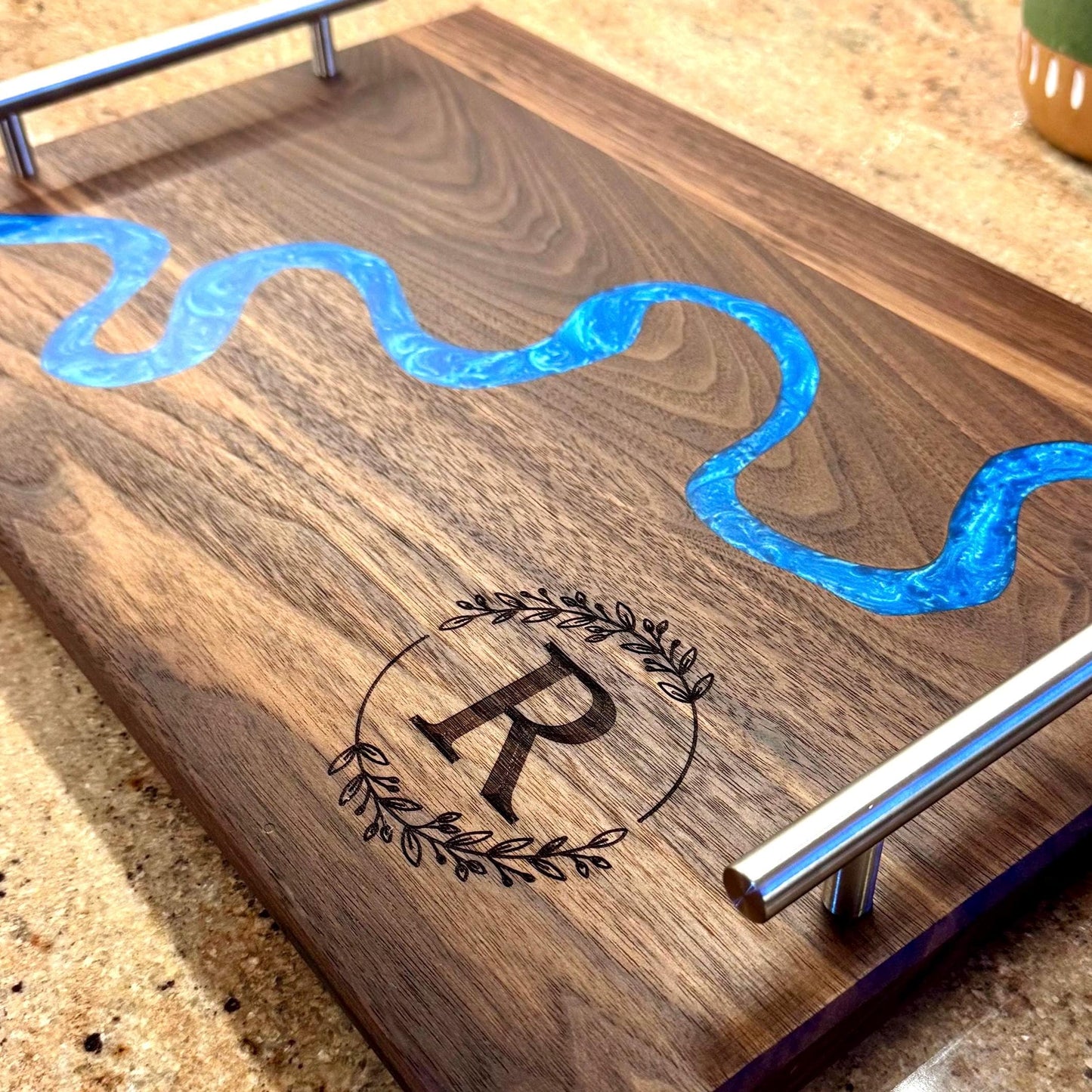 Personalized Walnut Epoxy Charcuterie Board with Handles, River Serving Board