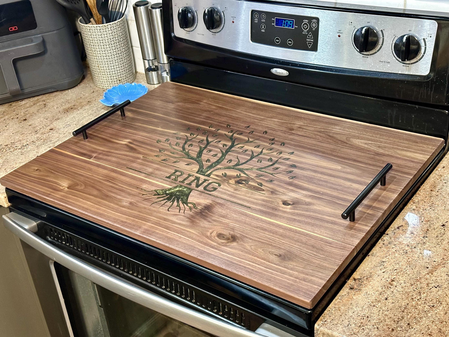 Custom Walnut Stove Top Cover: Personalized Serving Board, Kitchen Decor