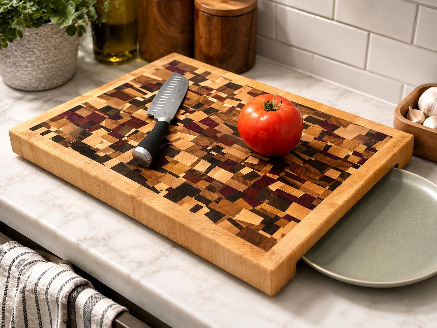 End Grain Cutting Board, Large Butcher Block, Handmade Hardwood Chaos Pattern Chopping Board